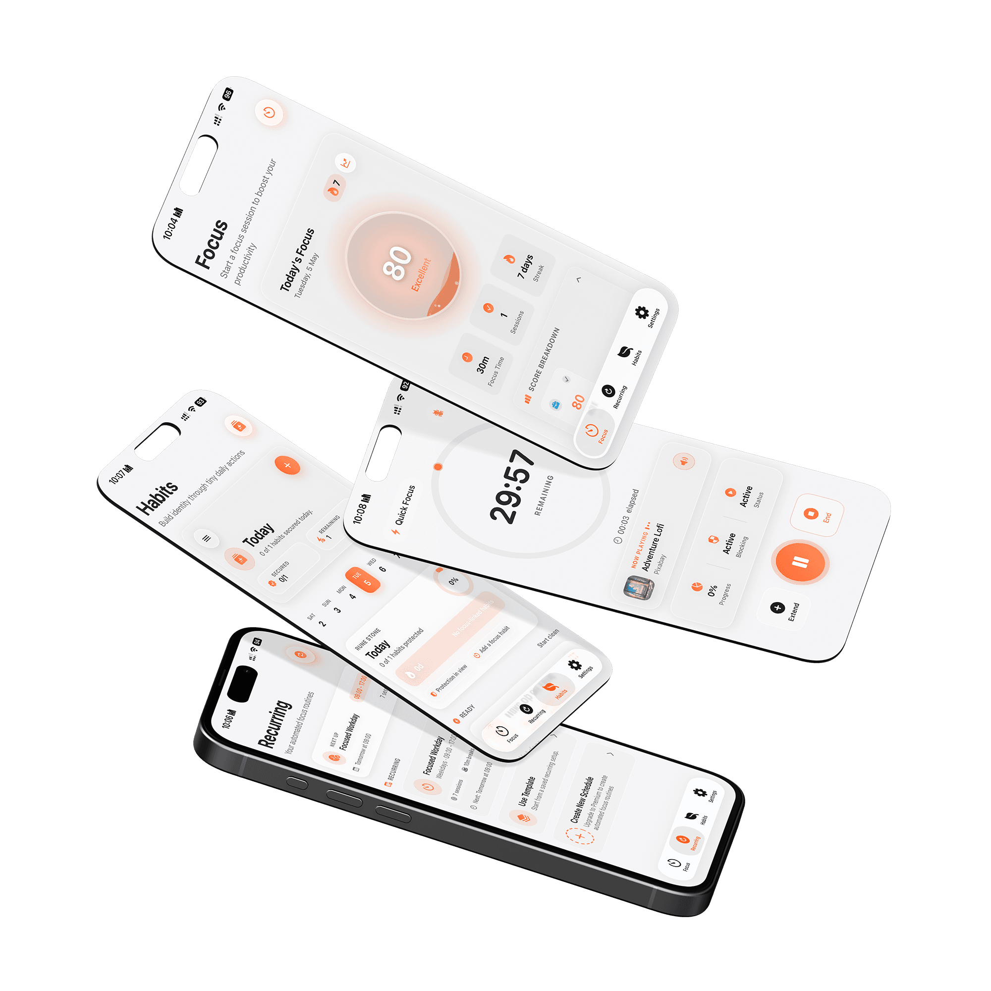 Rune app — multiple iPhone screens showing focus sessions, schedule, and goals